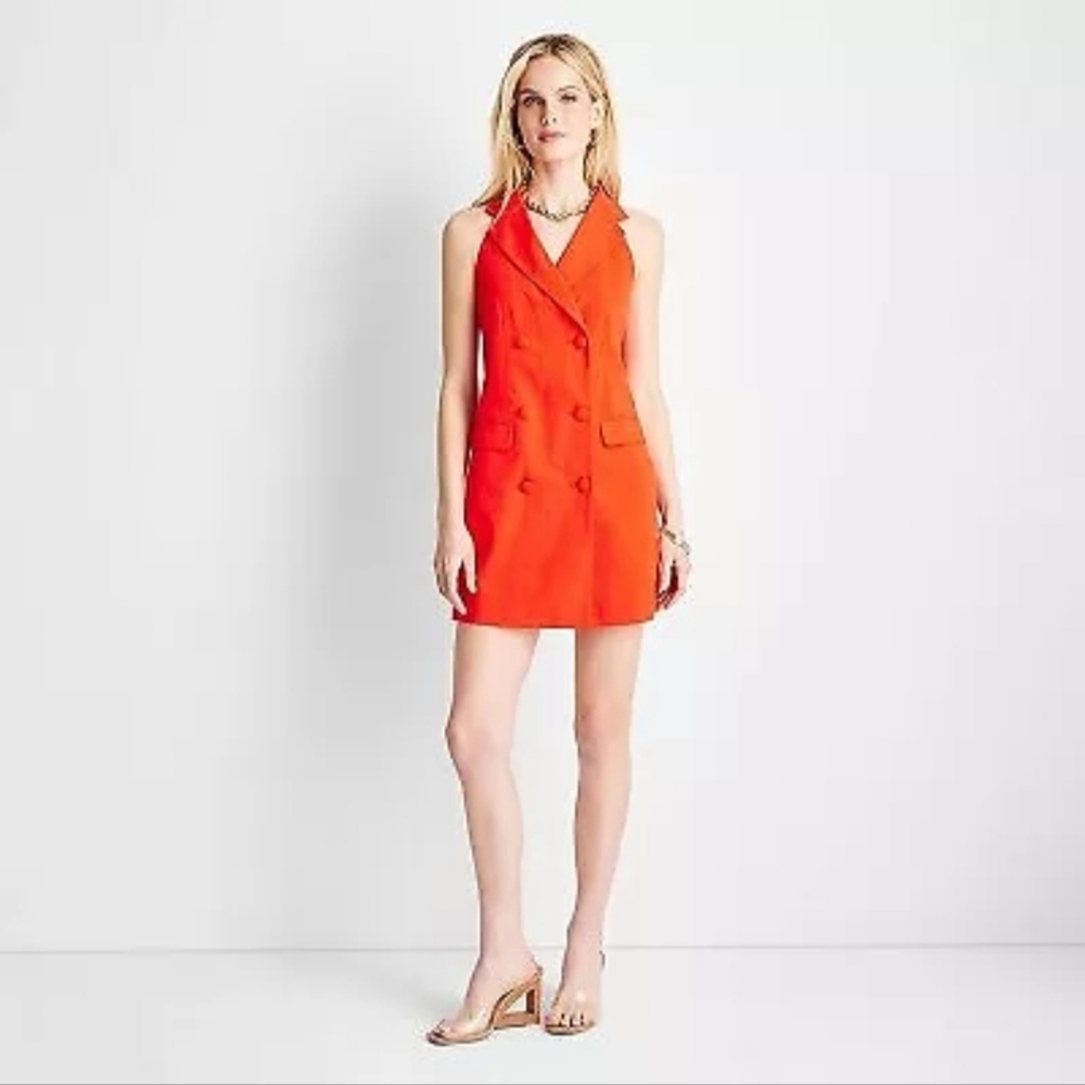 Sleeveless Double-Breasted Mini Dress in Bright Orange